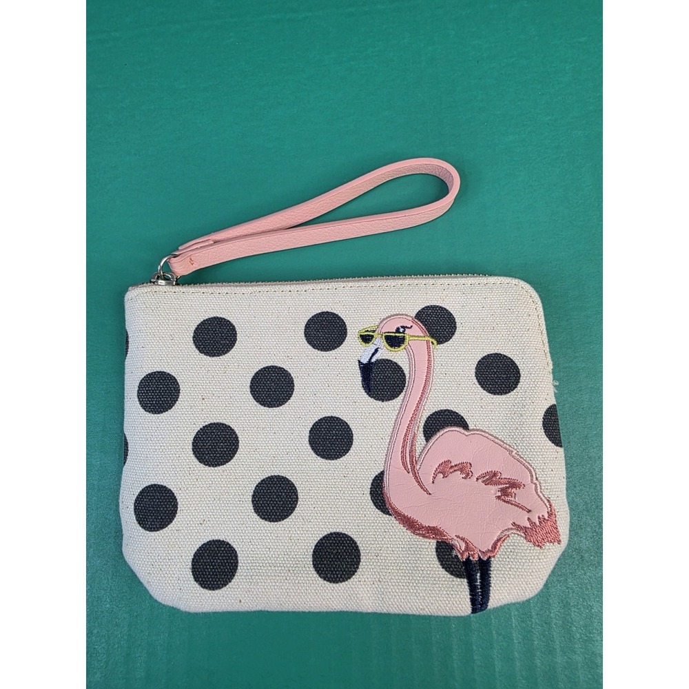 Old Navy Polka Dot Flamingo Wristlet Canvas Wallet Zips‎ With Loop Strap